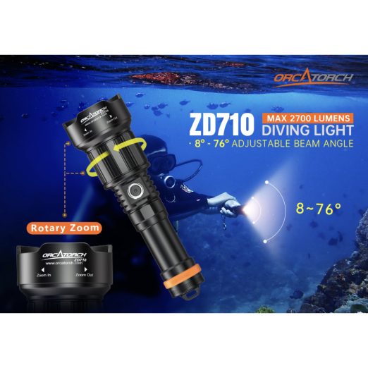 OrcaTorch ZD710 Zoomable Dive Light (2700 Lumens,  150 Metres Diving Depth)