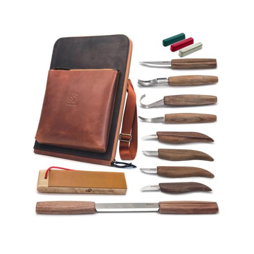 BeaverCraft Deluxe Set of Wood Carving Tools with Walnut Handles in Leather Shoulder Bag- S50X