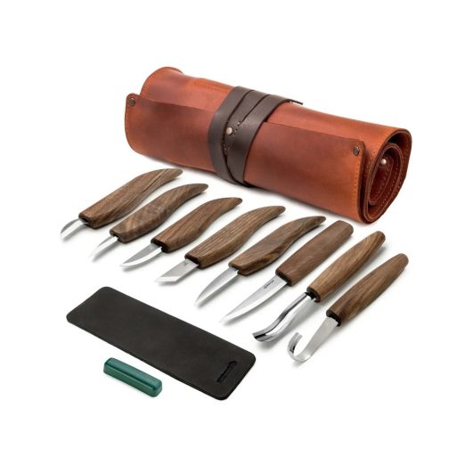 BeaverCraft Premium Wood Carving Set with Walnut Handles and Leather Tool Roll - S18X