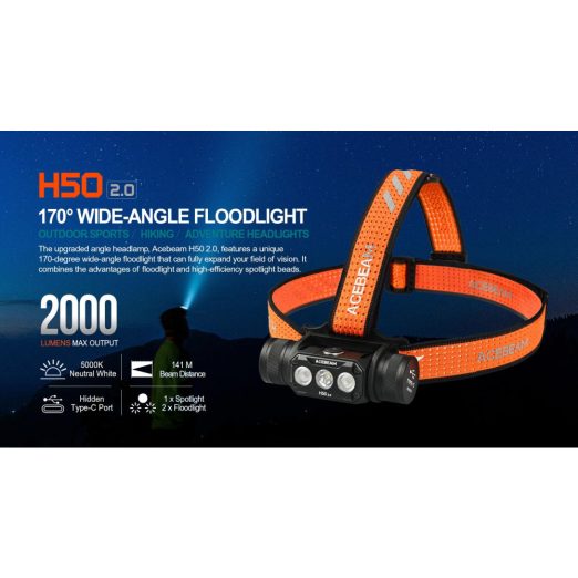 AceBeam H50 2.0 High Performance Rechargeable Spot/Flood High CRI Headlamp (2000 Lumens, 141 Metres)