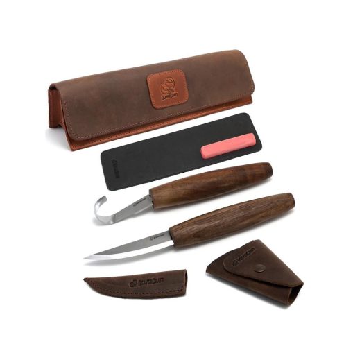 BeaverCraft Right Handed Spoon Carving Set with Walnut Handles, Leather Covers, and Leather Pouch - S01X Brown