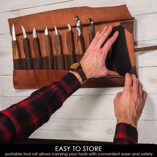 BeaverCraft Premium Wood Carving Set with Walnut Handles and Leather Tool Roll - S18X