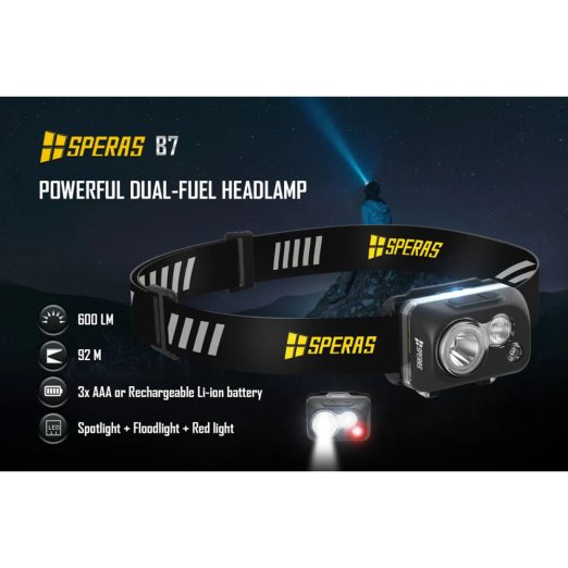 SPERAS B7 Lightweight Dual-Fuel Headlamp with Red Light (600 Lumens, 92 Metres)