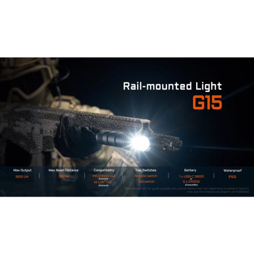 AceBeam G15 Rail-Mount Flashlight (1800 Lumens, 390 Metres)