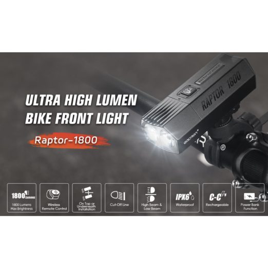 Gaciron Raptor-1800 Rechargeable Front Bicycle Light with Wireless Remote Switch (1800 Lumens)