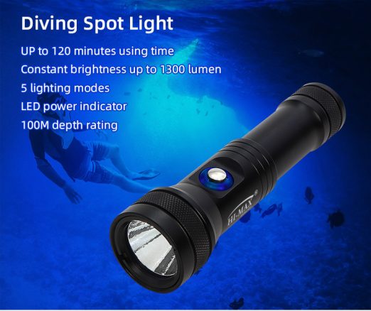 Hi-Max HD01 Rechargeable Dive Torch (Navy Blue), 1300 Lumens