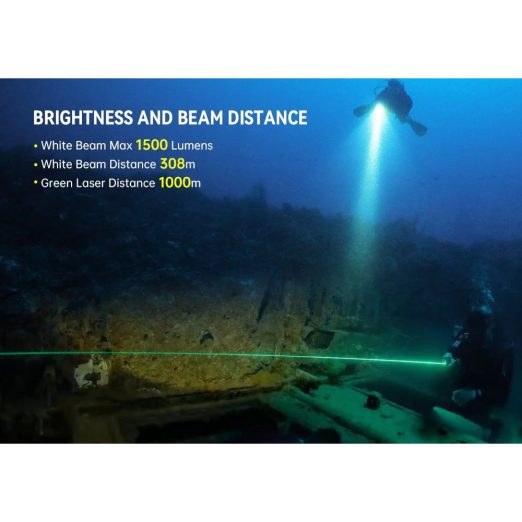 OrcaTorch D570-GL 2.0 Dive Light with White Light (1500 Lumens) and Green Laser Light (1000 Metres)